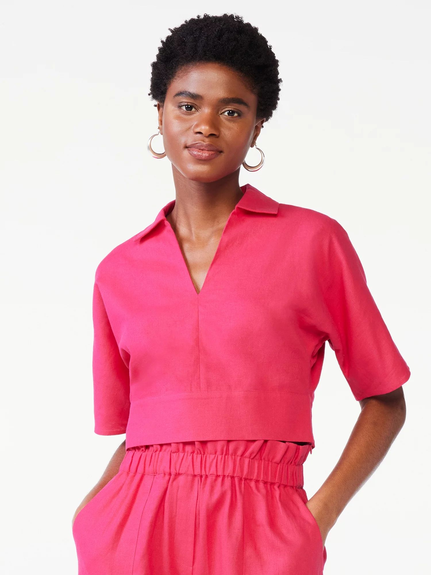 Scoop Women's Cropped Linen Blend Top with Collar | Walmart (US)