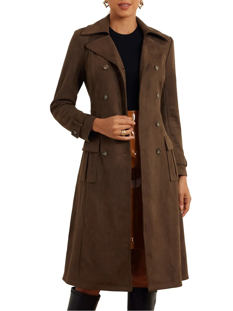 INSPIRE CHIC Faux Suede Trench Coat for Women's Notched Lapel Double Breasted Belted Long Sleeves... | Walmart (US)