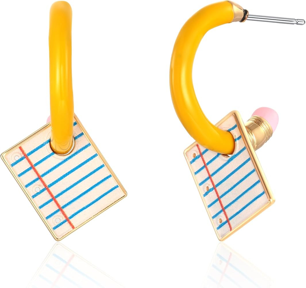 CLASSYZINT Pencil Hoop Earrings For Women Yellow Enamel Hoops With Ruler Charm Funny Handmade Tea... | Amazon (US)