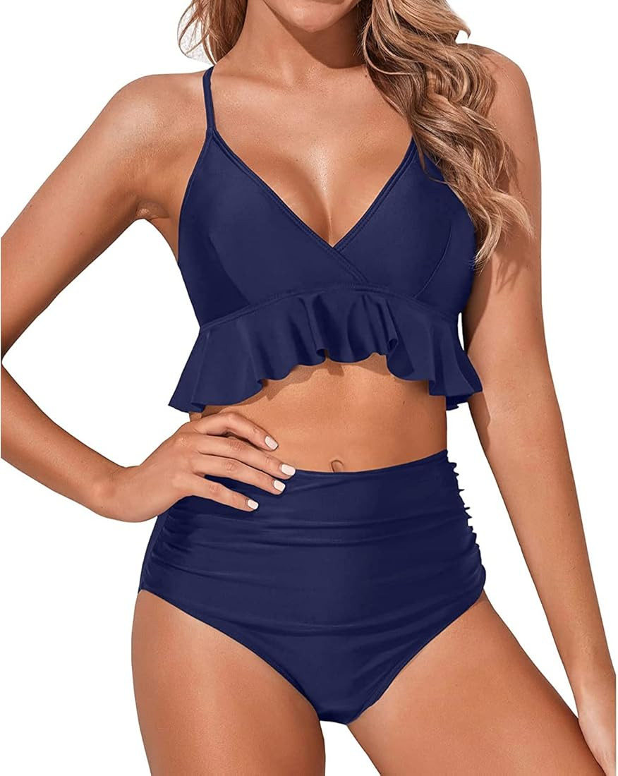 Tempt Me Women Two Piece Swimsuits High Waisted Bikini Set Ruffle Flounce Tummy Control Bottoms B... | Amazon (US)