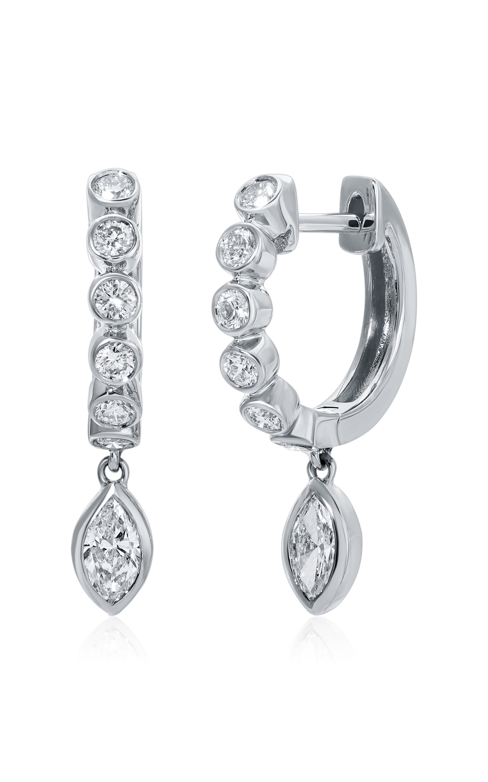 18K White Gold Melrose Bezeled Huggie Earrings with Marquise Diamond Drop | Moda Operandi (Global)
