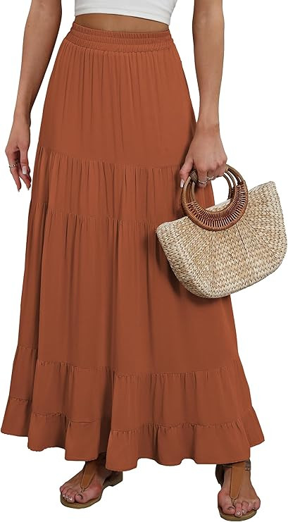 ANRABESS Womens Maxi Skirt Elastic High Waist Swing Tiered A-line Flowy Pleated Boho Beach Vacati... | Amazon (US)