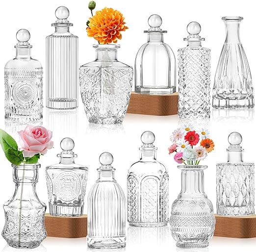 Glass Vase Bud Vases in Bulk Set of 12, with 8 Glass Stoppers,Small Vases for Flowers,Embossed Cl... | Amazon (US)