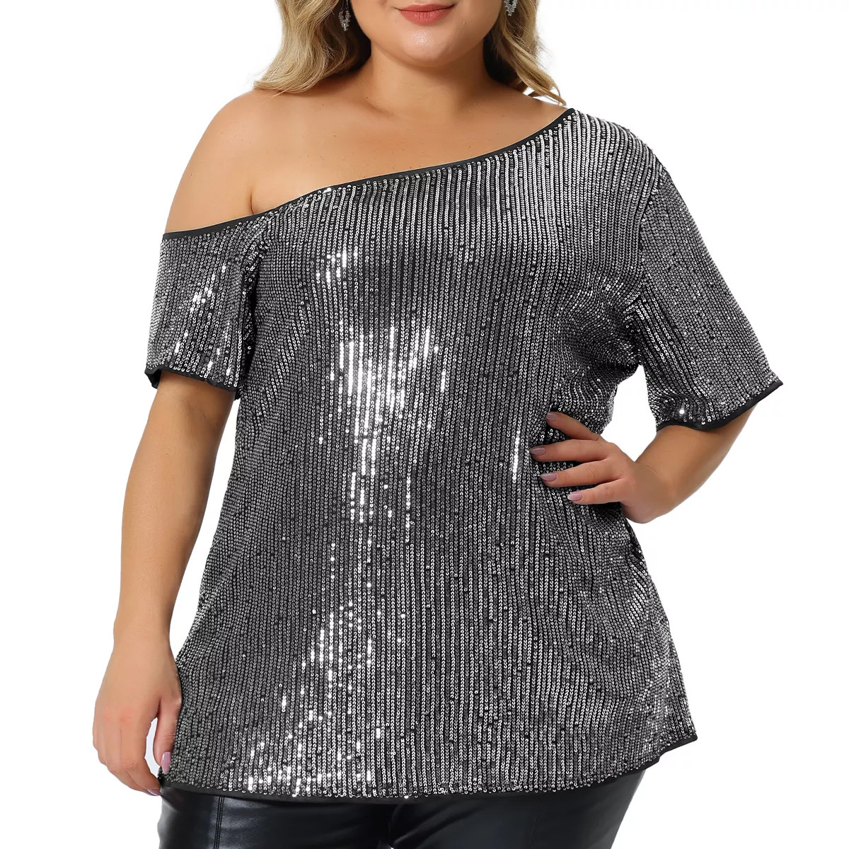 Agnes Orinda Women's Plus Size Halloween Sequin Sparkly One Shoulder Short Sleeve Party Blouses | Target