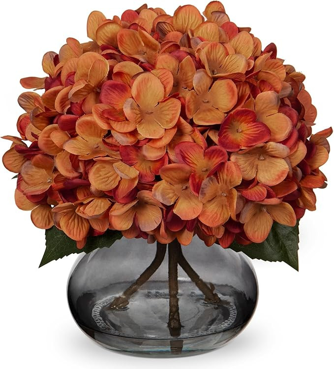 Fall Decor Hydrangea Artificial Flowers with Vase Orange Silk Fake Flowers Arrangements in Glass ... | Amazon (US)