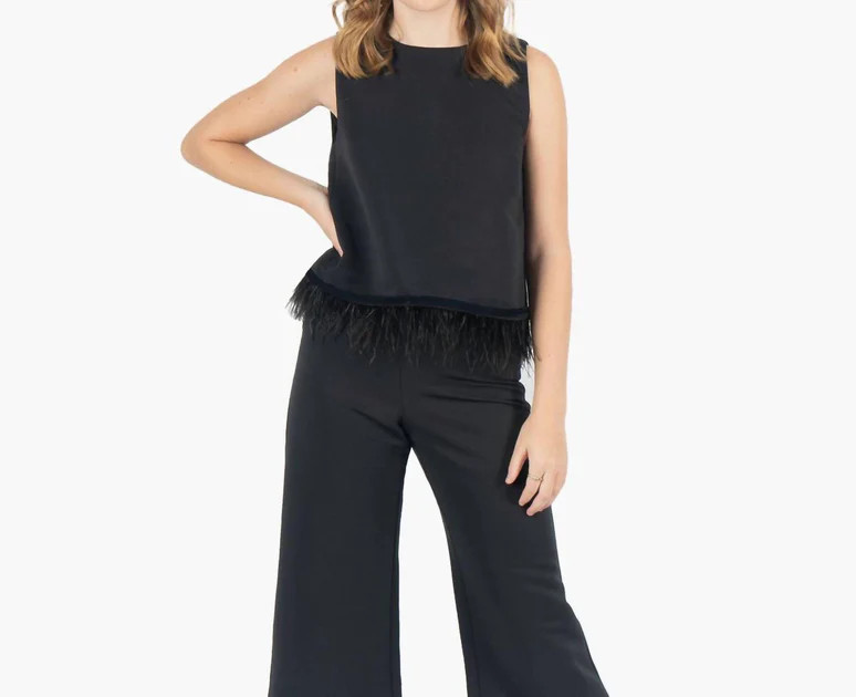 Sleeveless Feather Fringe Party Top In Black | Shop Simon