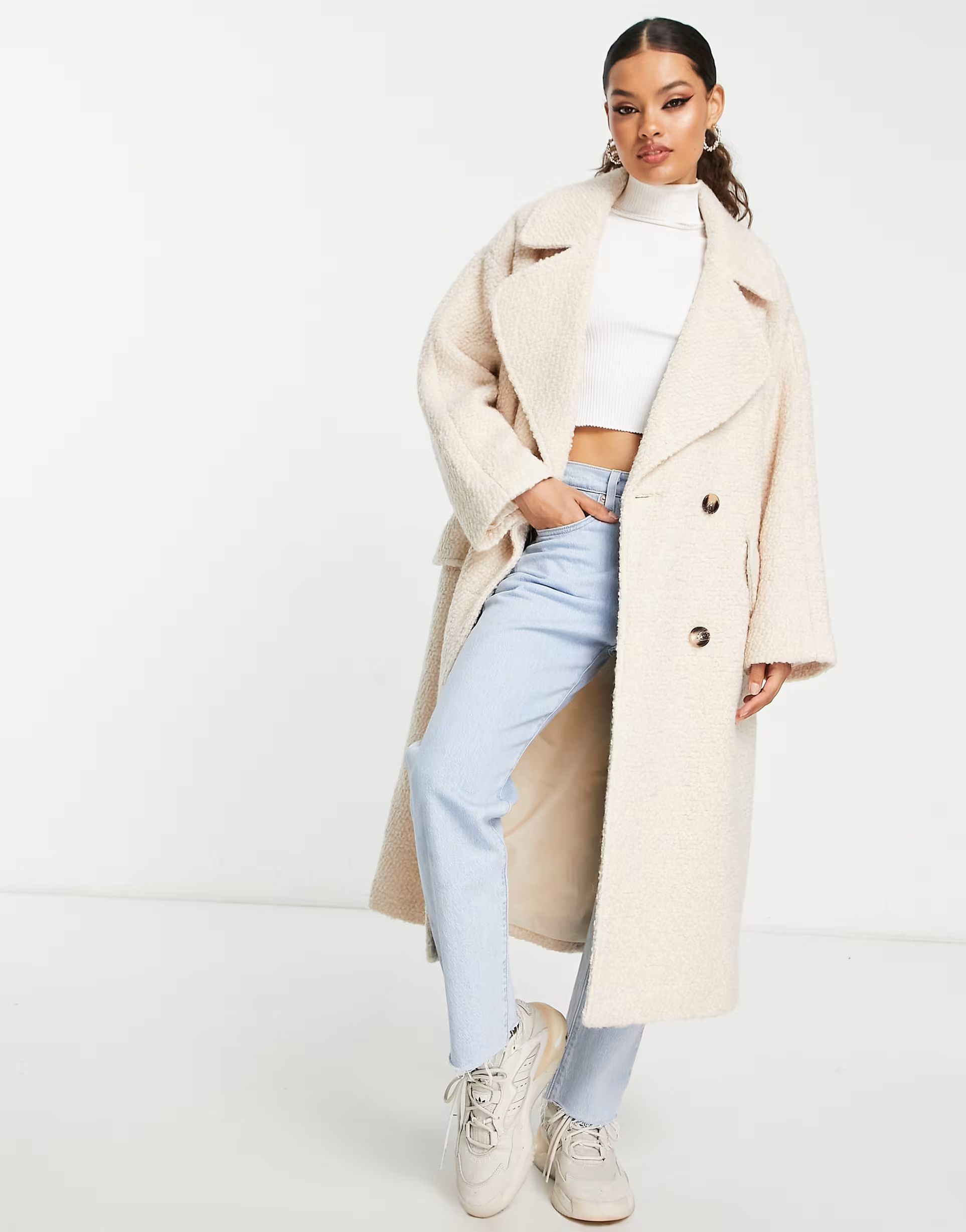 ASOS DESIGN Petite smart double breasted boucle wool mix coat in cream | ASOS (Global)