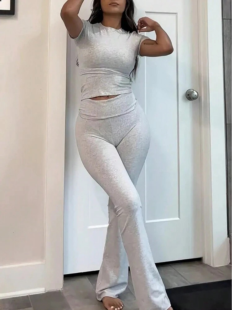 INAWLY Solva Women's Solid Color Slim Fit Top And Bell Bottoms Two Pieces Set | SHEIN