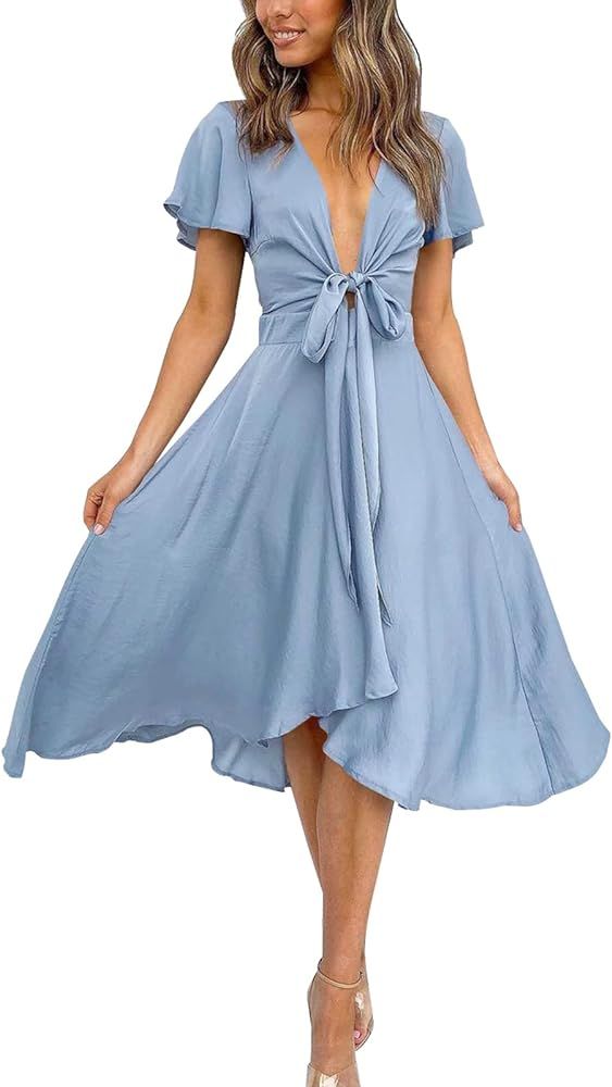 miduo Womens Satin V Neck Ruffle Short Sleeve Tie Front High Waist Midi A-Line Maxi Dresses | Amazon (US)