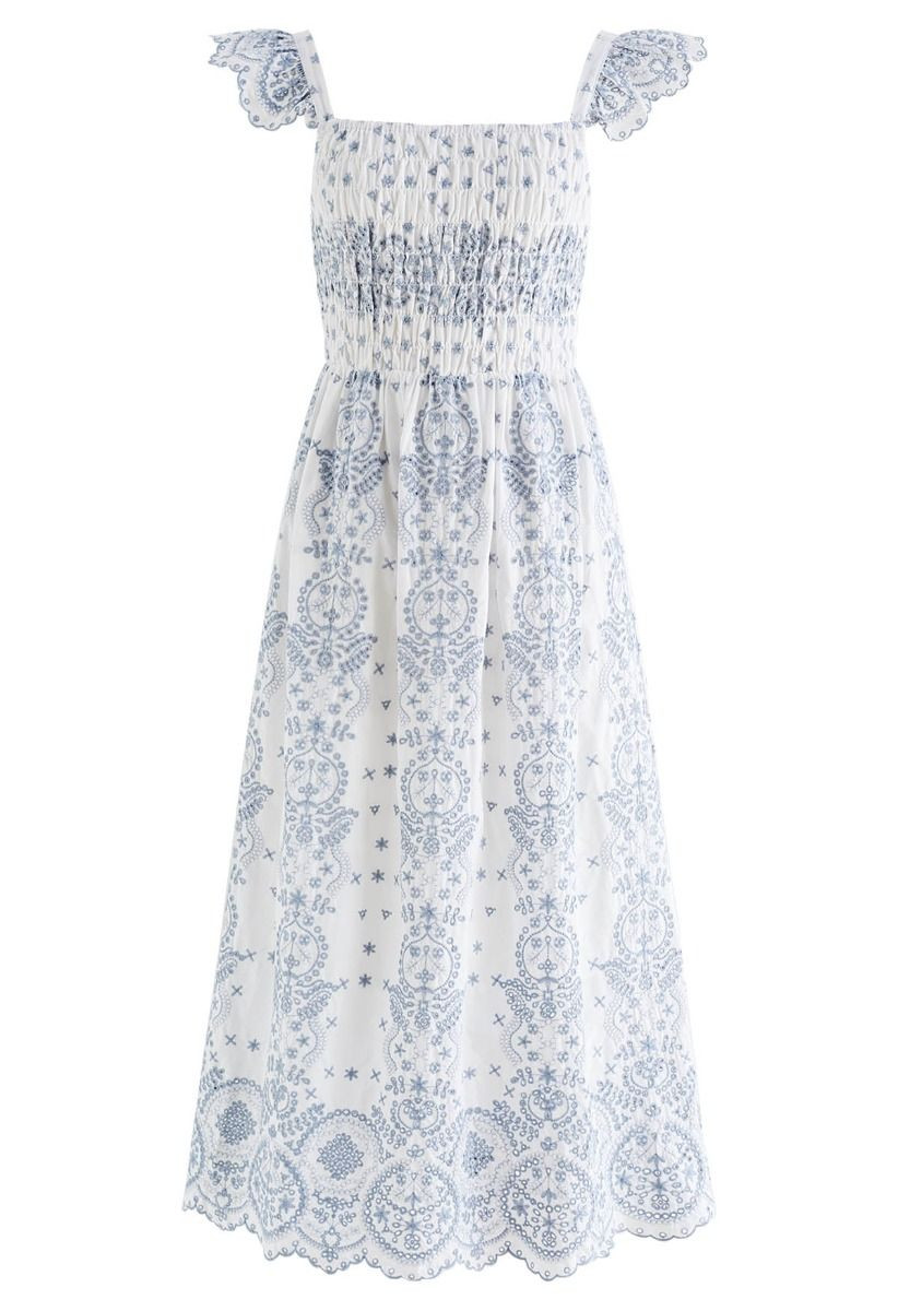 Flutter Sleeve Floret Embroidered Eyelet Midi Dress | Chicwish