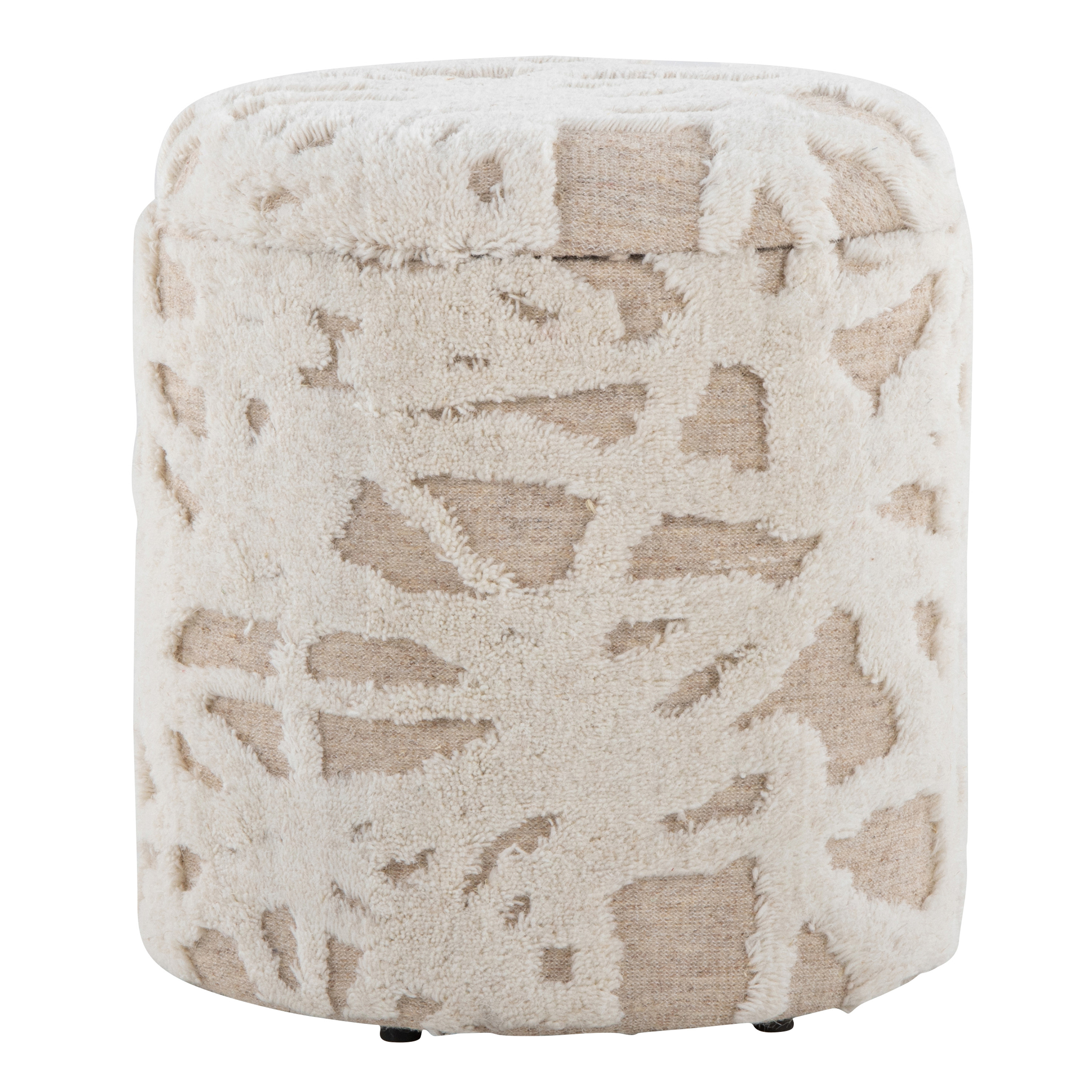 Jarek Round White Abstract Shag Upholstered Storage Ottoman | World Market