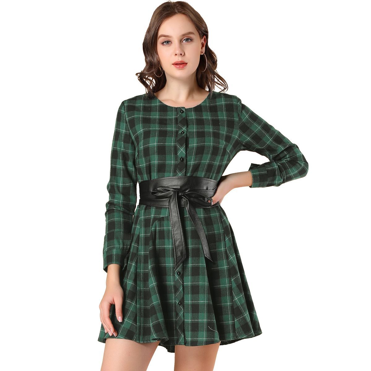 Allegra K Women's Plaids Long Sleeves Belted Mini A Line Shirt Dress | Target