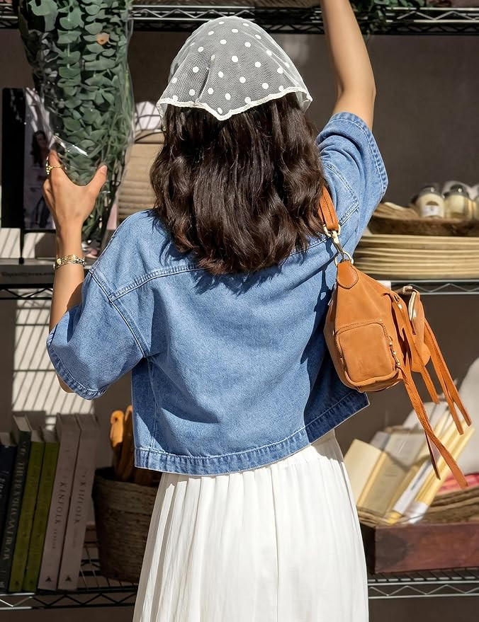 FOMELY Women's Denim Jacket Short Sleeve Polka Dot Shirt Casual Button Down Crop Top Paisley Prin... | Amazon (US)