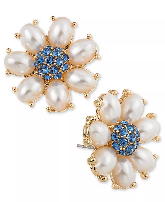Gold-Tone Color Pavé & Imitation Pearl Flower Stud Earrings, Created for Macy's | Macy's