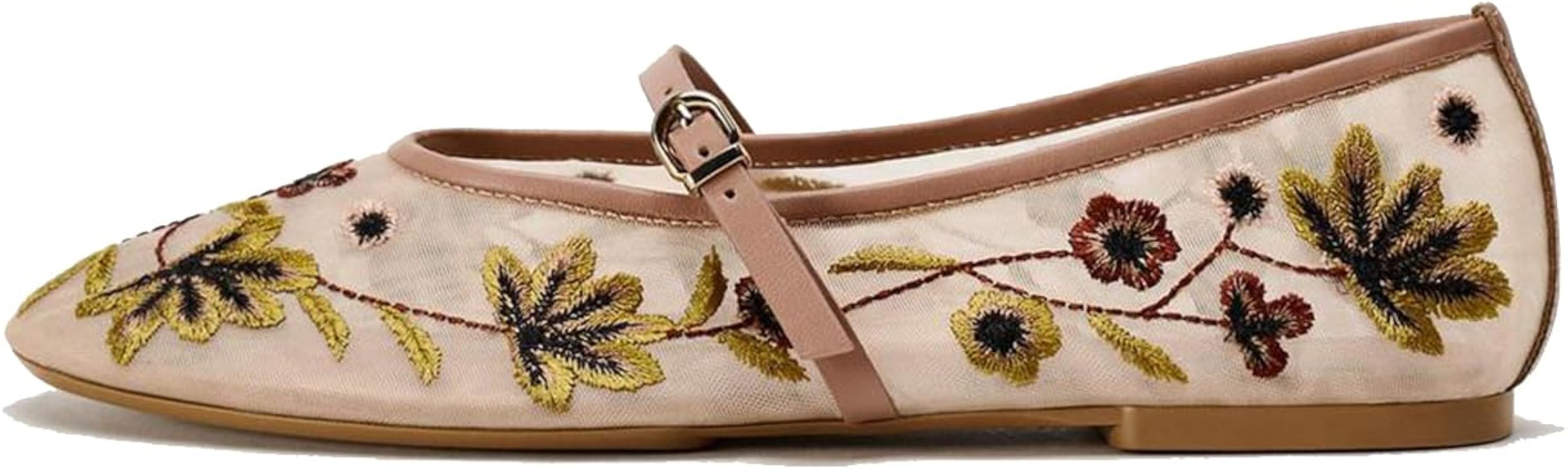 MRKEWUNEY Mesh Ballet Flats for Women Embroidered Floral Round Toe Mary Jane | Amazon (US)