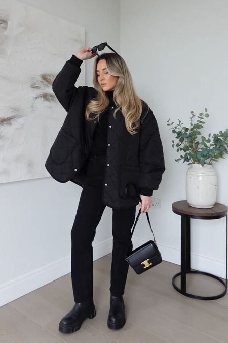 All black outfit idea from very - Levi 501 jeans, roll neck jumper, quilted jacket, chunky boots & Céline triomphe handbag  

#LTKstyletip #LTKshoecrush #LTKeurope
