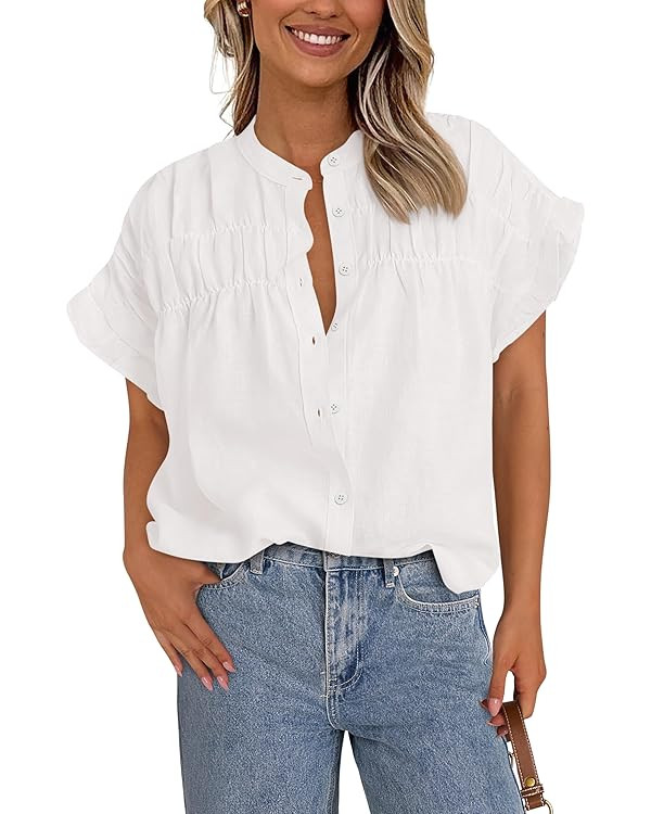 MASCOMODA Womens 2025 Button Down Shirts Ruffle Short Sleeve Loose Summer Tops Dressy Casual V Ne... | Amazon (US)