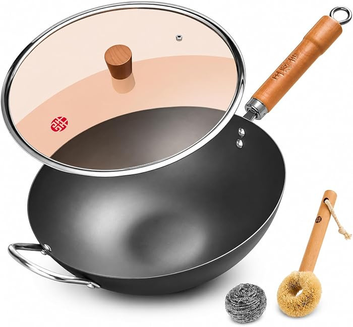 WANGYUANJI 13.4 Inch Carbon Steel Wok Pan with Glass Lid, Flat Bottom Chinese Stir Fry Wok for In... | Amazon (US)
