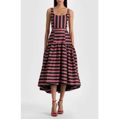 Alice + Olivia Diana Directional Stripe Structured Cotton Blend Dress in Teakwood Stripe Large Black at Nordstrom, Size 8 | Nordstrom
