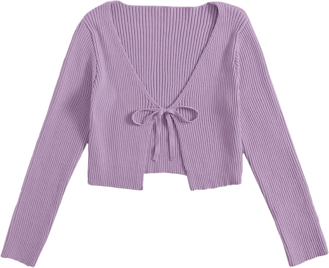 Floerns Women's Tie Front Long Sleeve Rib Knit Shrug Sweaters Cardigan Crop Top | Amazon (US)