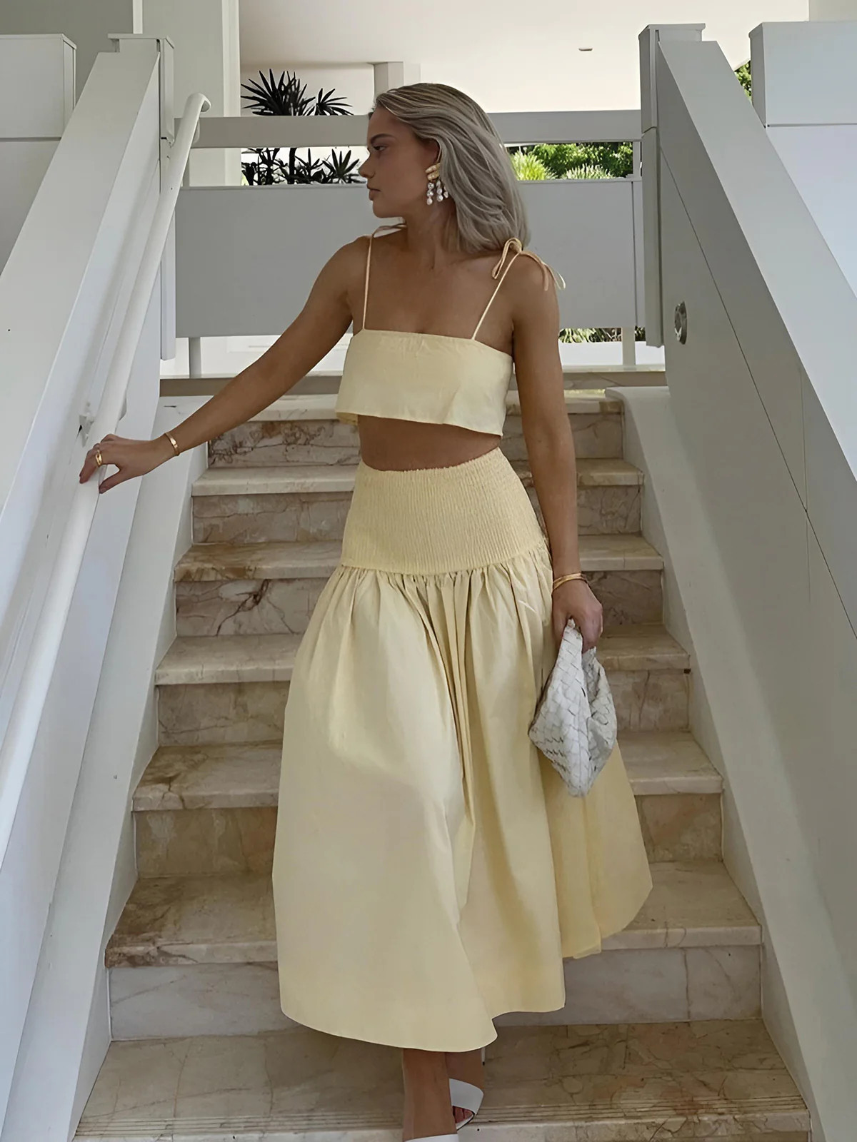 Shirred Waist Split Thigh Skirt Set | Commense