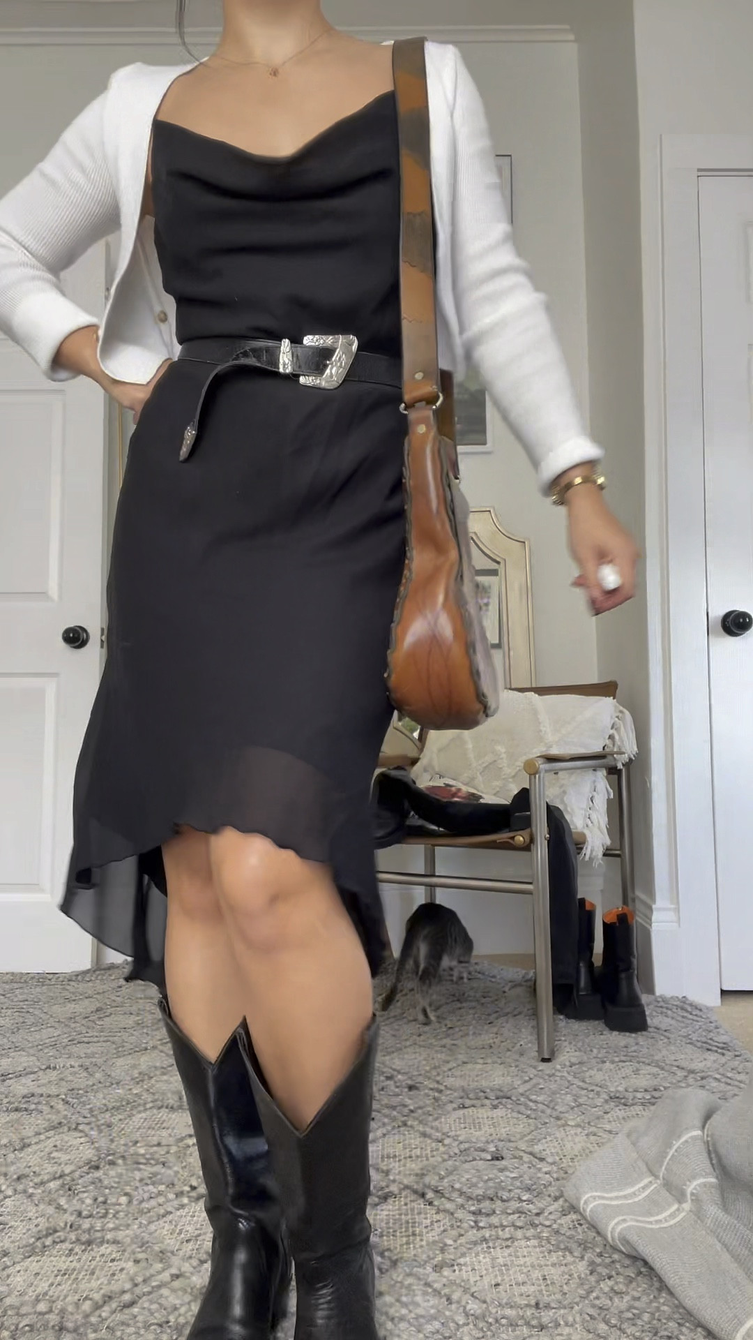 Cowl neck midi dress I can dance in, paired with a western belt, vintage boots, cardigan, and a saddle bag ✨✨✨ 

#LTKGiftGuide #LTKstyletip #LTKCyberWeek