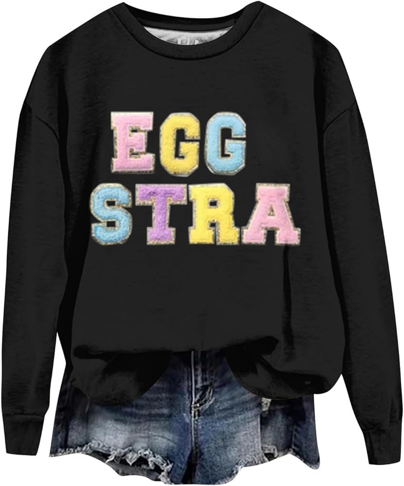 Easter Outfits For Women 2024 Trendy Casual Easter Eggs Bunny Print Crewneck Sweatshirts Cozy Lon... | Amazon (US)