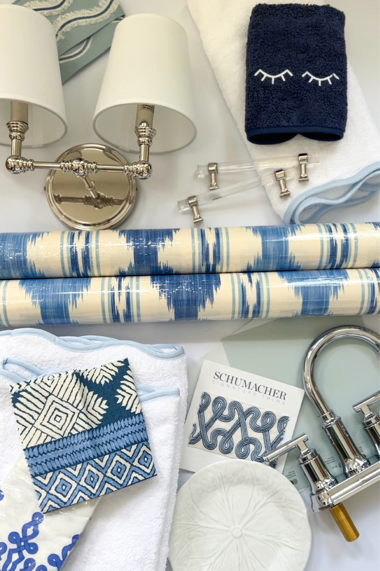 Bathroom Makeover! Blue and white pattern wallpaper, affordable polished nickel light and sink fixtures, scalloped towels, guest bathroom decor, bathroom accessories, timeless bathroom design idea, traditional, coastal, coastal modern, coastal chic