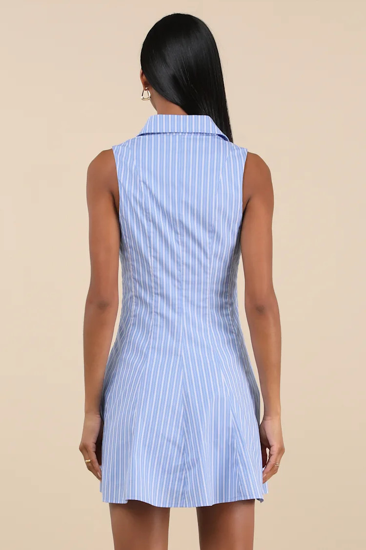 Zenley Blue Striped Collared Skater Mini Dress | Lulus