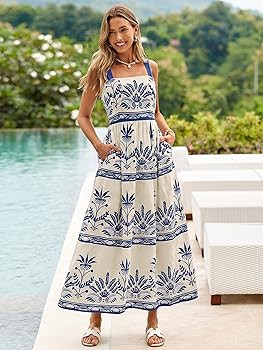 Simplee Womens Summer Boho Floral Maxi Dress Casual Flowy Sleeveless Square Neck Beach Vacation S... | Amazon (US)