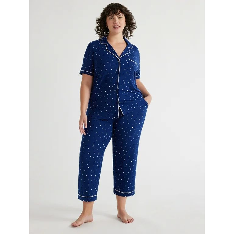 Joyspun Women's Knit Short Sleeve Notch Collar Top and Capri Pajama Set, 2-Piece, Sizes S to 3X -... | Walmart (US)