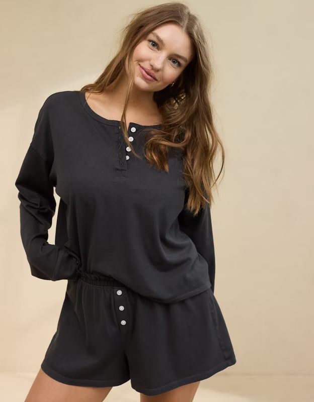 Aerie Cotton Mix Henley Long Sleeve Shirt | Aerie