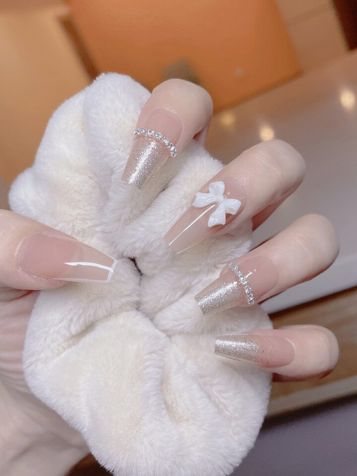 Transform Your Nails With 24pcs Long Coffin Glitter Rhinestone 3D Bow Decor Fake Nail & 1pc Nail ... | SHEIN