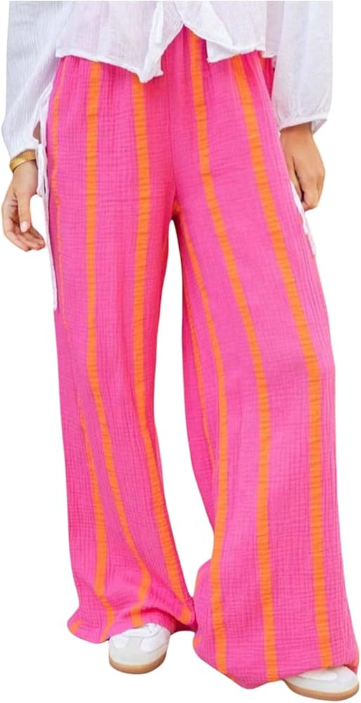 SHENHE Women's Summer Striped Wide Leg Pants Elastic High Waisted Casual Loose Pants Trousers | Amazon (US)