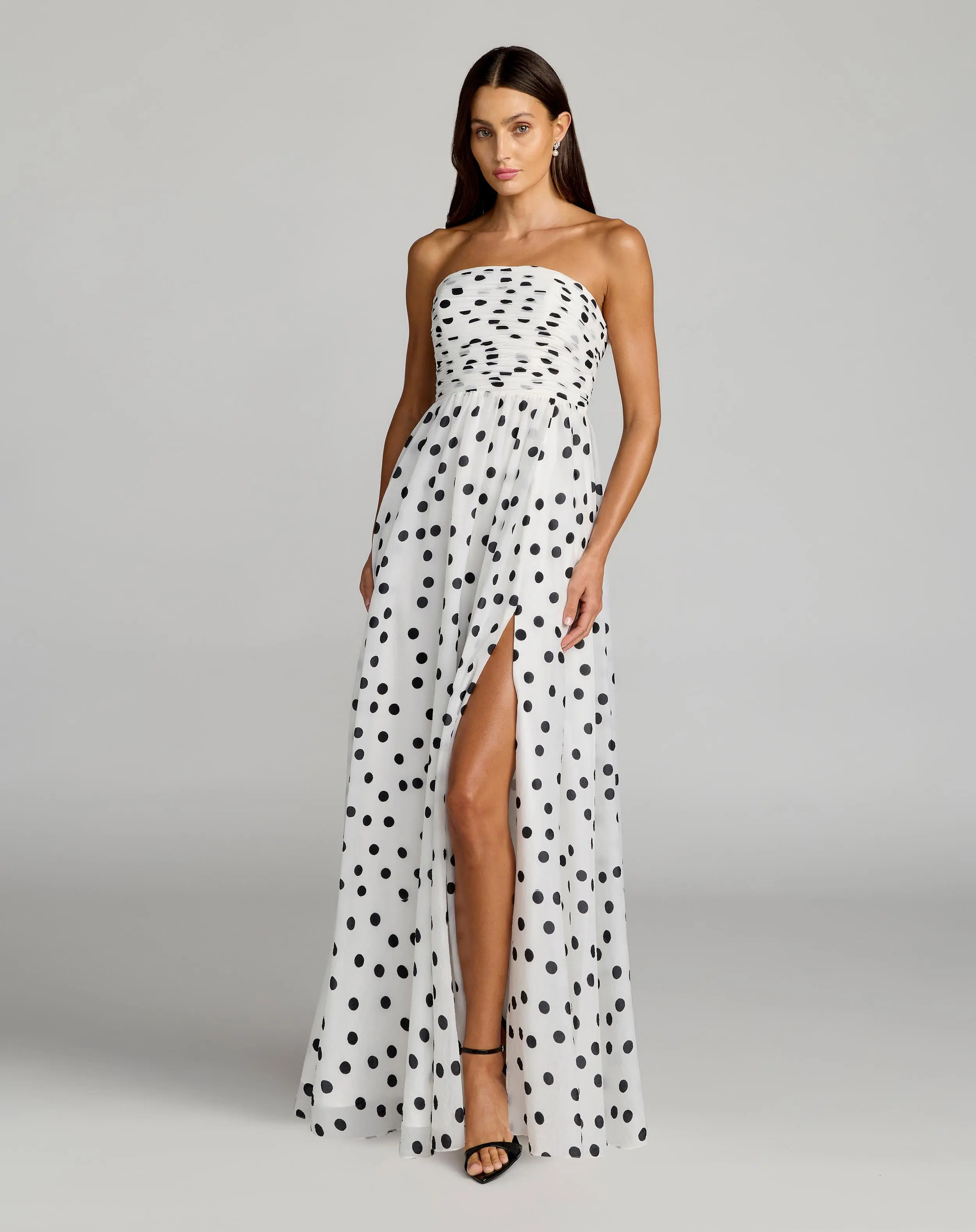 White Polka Dot Strapless Viscose Gown With Slit | Mac Duggal | Mac Duggal
