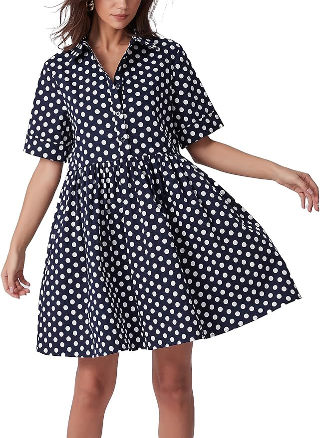 Ladyful Polka Dot Dress for Women 2026 Summer Short Sleeve Shirt Mini Dress Collared V Neck Casua... | Amazon (US)