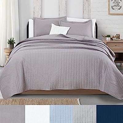 Great Bay Home 3-Piece Detailed Channel Stitch Quilt Set with Shams. Ash Gray Full/Queen Quilt Se... | Amazon (US)