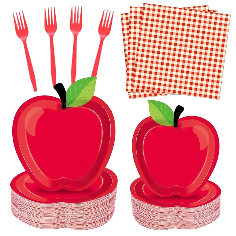 100 Pcs Apple Party Supplies Set, Serves 25 – Disposable Apple-Shaped Paper Plates, Red Gingham... | Amazon (US)