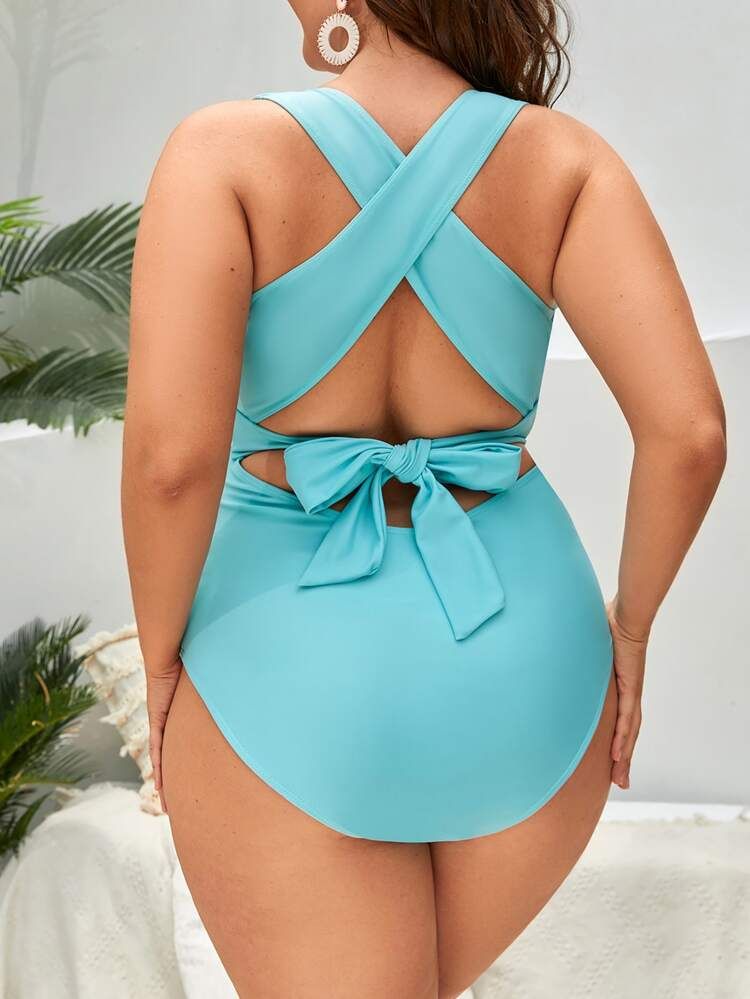 New
     
      Plus Criss Cross Knot Back One Piece Swimsuit | SHEIN