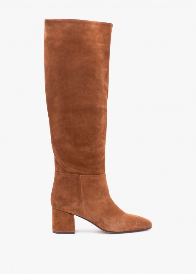 Lancey Tan Suede Block Heel Knee Boots | Daniel Footwear (UK)