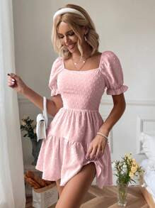 SHEIN SunnyBelle Women's Short Puff Sleeve Textured Jacquard Back Tie-Up Dress | SHEIN