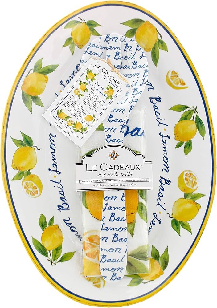 Lemon Basil Melamine Platter, Salad Servers and Cotton Tea Towel Set by Le Cadeaux | Amazon (US)