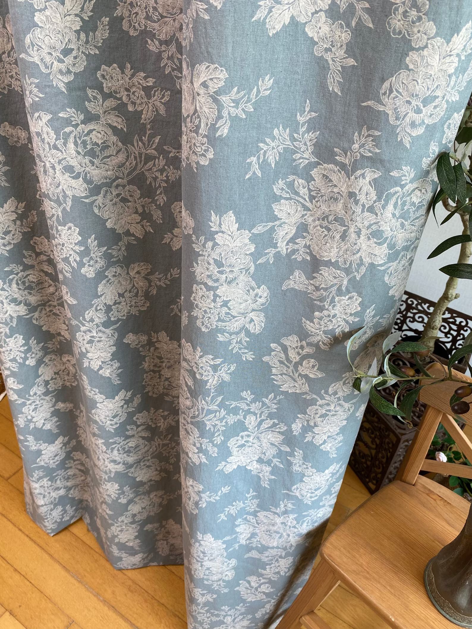 Set of 2 Dusty Blue Farmhouse Linen Curtains Botanical Wildflower Curtain Panel French Country Fl... | Etsy (US)