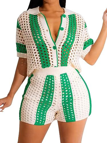 KANSOON Two Piece Summer Sets Knit Crochet Short-Sleeve Button Up Blouses and Shorts Outfits Tracksuit Green XL | Amazon (US)