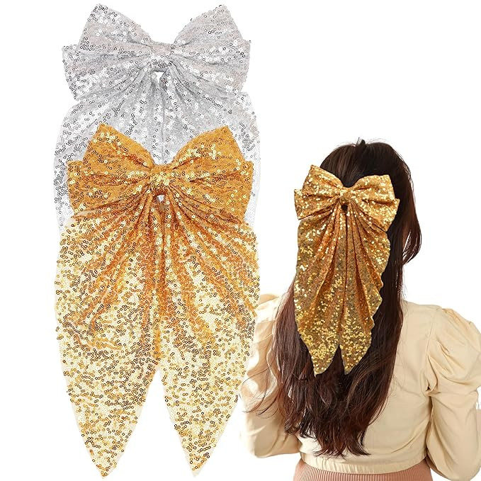 Ayesha 2Pcs Big Glitter Hair Bows for Women Girls Sequin Hair Bows Clips Sliver/Gold Bows Sparkly... | Amazon (US)
