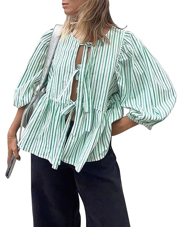 Cioatin Women Striped Bow Tie Front Shirt Top Cute Puff Sleeve Y2K Peplum Ruffle Babydoll Blouse ... | Amazon (US)