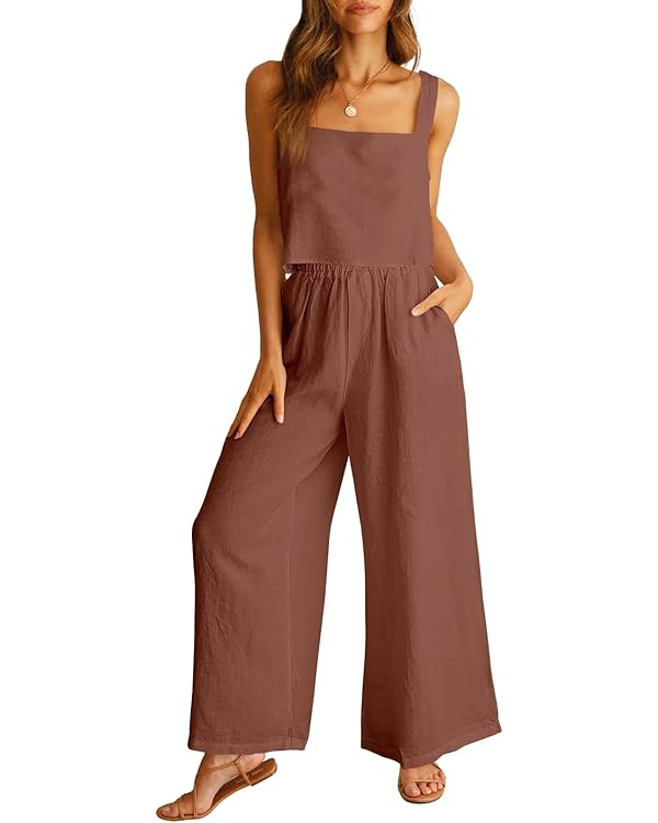 ANRABESS Women's 2 Piece Outfits Square Neck Linen Tank Crop Top Wide Leg Pants Matching Lounge S... | Amazon (US)