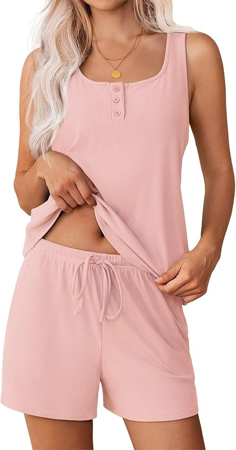 Ekouaer Womens Sleeveless Pajamas Set Tank Top and Shorts Set Ribbed Knit Pjs Set Summer Sleepwea... | Amazon (US)