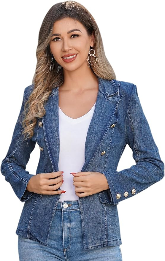 Denim Blazer Suit for Women Casual Jacket Button Down Early Spring Fall Work Office Business Blaz... | Amazon (US)