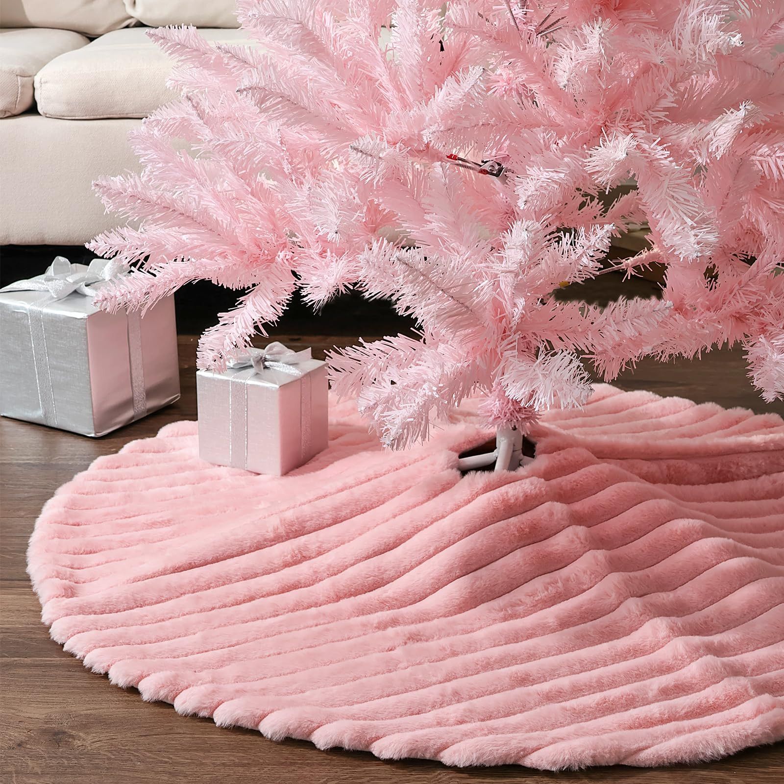 Faux Fur Christmas Tree Skirt: 36 Inch Pink Plush Faux Fur Christmas Tree Skirt with Stripe Textu... | Amazon (US)
